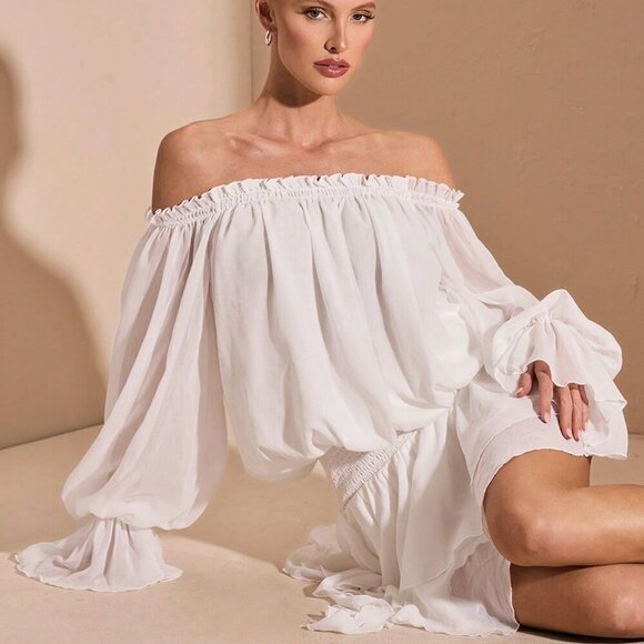 White Boho Women's Elegant French Style Off-Shoulder Long Sleeve Shirt Dress - Picture 5 of 9